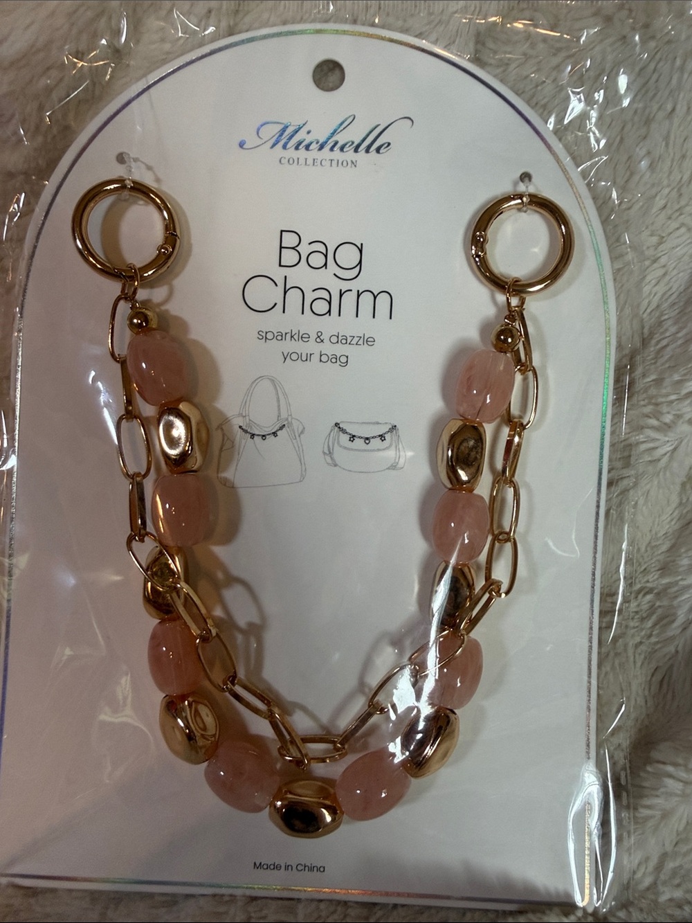 Michelle Collection Bag Charm Rose Gold Pink Marbled Bead Double Strand NWT